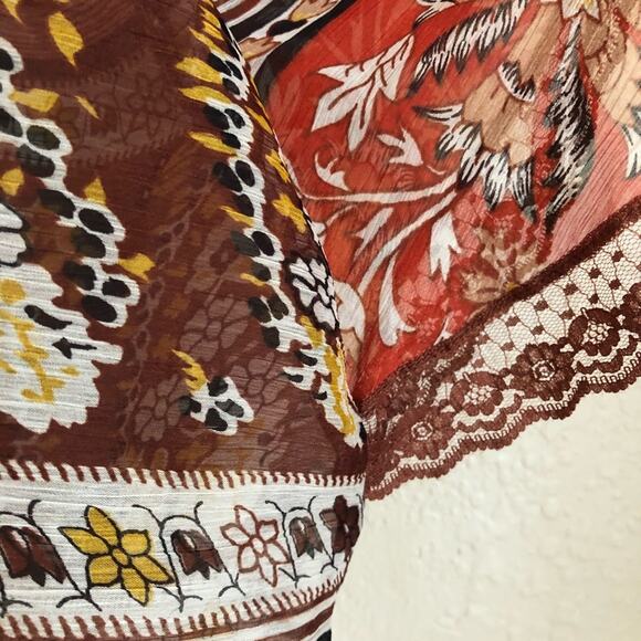 Band of Gypsies Orange Brown Semi Sheer Top Lace Boho Fall Peasant Small - Picture 4 of 6